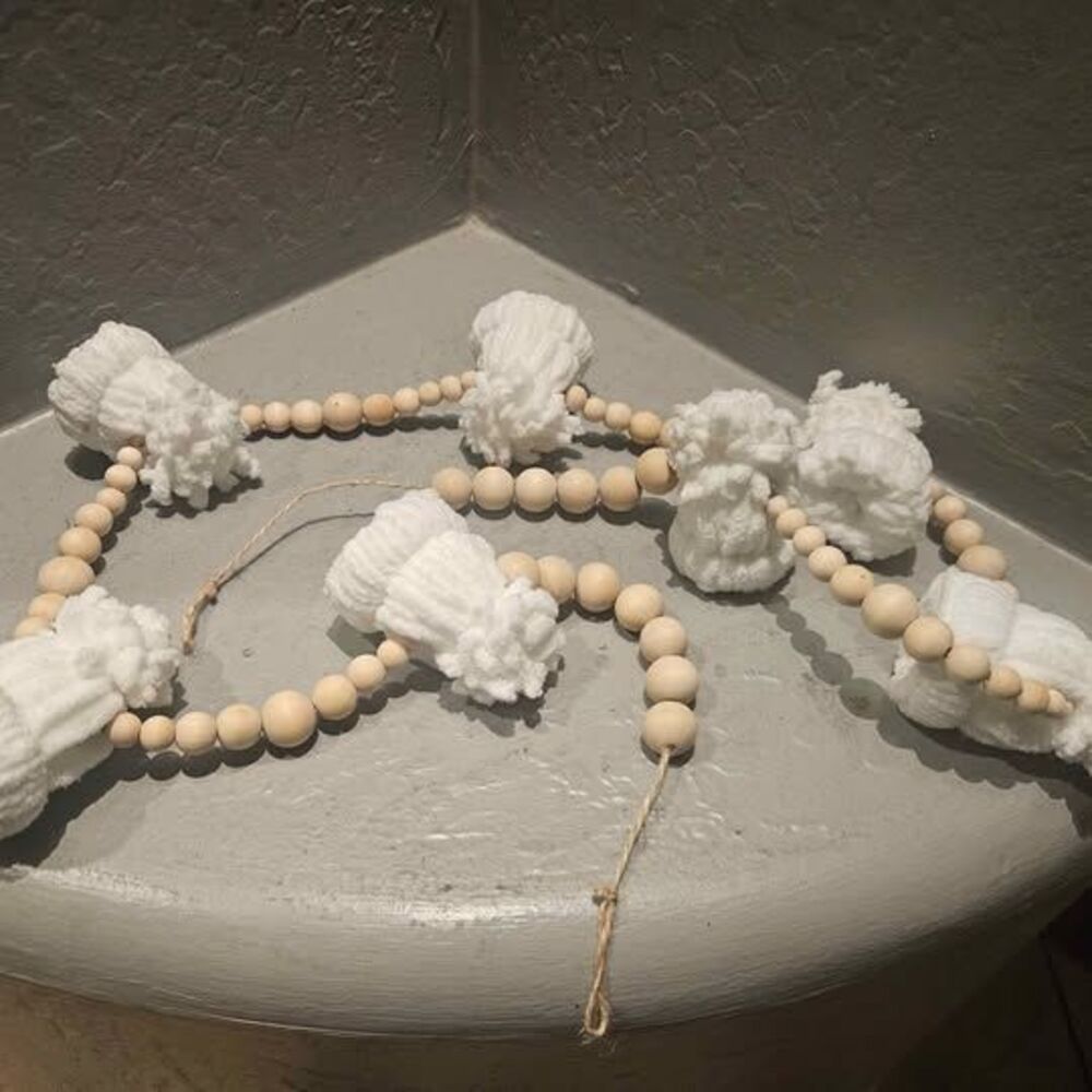 Natural Wood Bead Decorative Garland with Pom Poms 46"